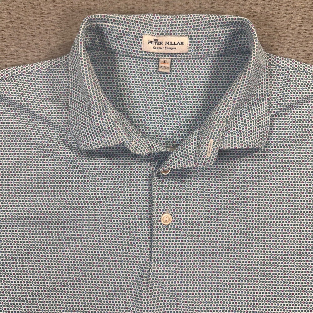 Peter‎ Millar Summer Comfort Polo Shirt Men's L Blue Short Sleeve Geometric AOP